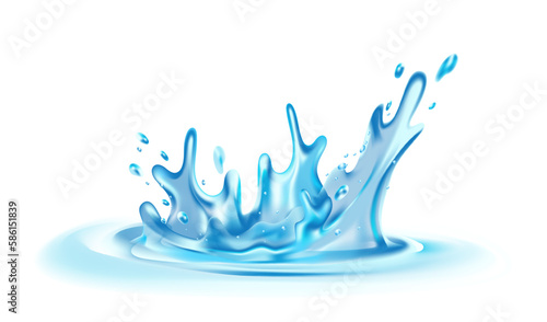 Vector illustration of splash of water on white color background. 3d style design of blue splash of water with drop