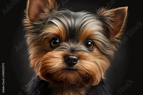 Cute puppy portrait of a Yorkshire terrier isolated on black background. Generative AI