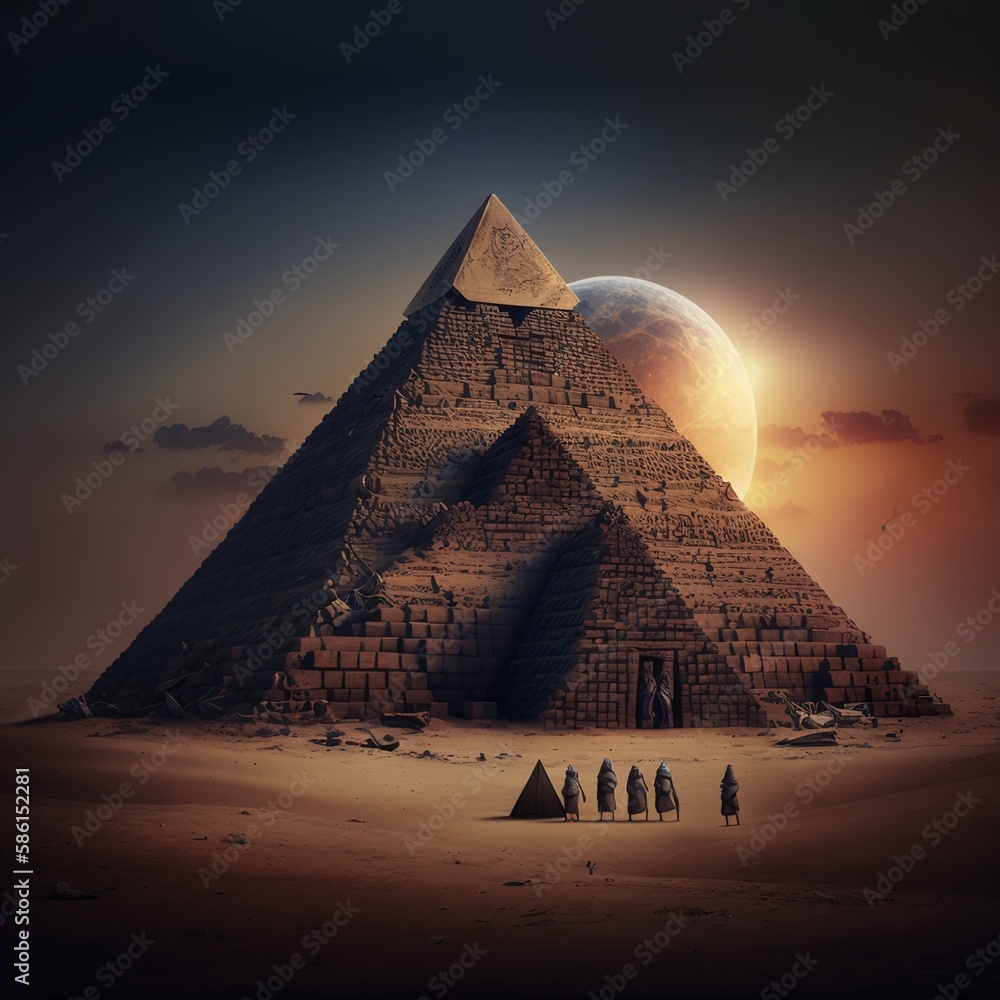 Detailed View of the Desert Landscape with Pyramids Set Against a Dramatic Sky Generated by AI