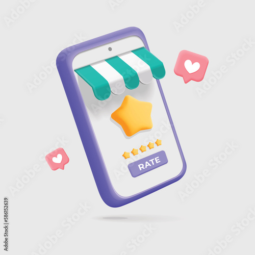 3d vector smartphone with shop waning client service rating on mobile app to get five stars for review feedback