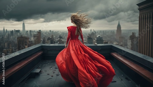 Redemption in the Storm with a Fictional Woman in a Scarlet Dress Defying the Elements on a Rooftop Generated by AI