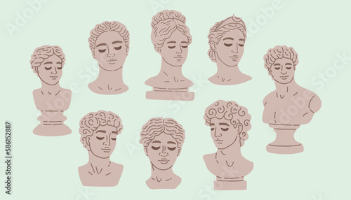 Various Antique statues. Heads of women, men. Mythical, ancient greek style. Hand drawn Vector illustration.