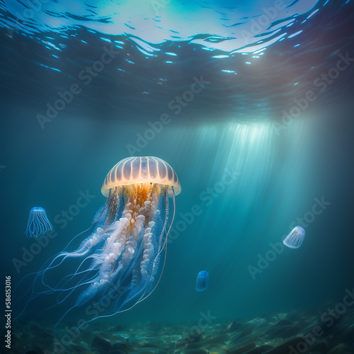 Jellyfish swimming in a blue sea. Illustration of animal background image. Generative AI. © Alpa