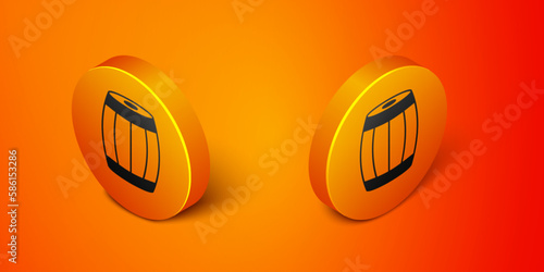 Isometric Wooden barrel icon isolated on orange background. Alcohol barrel, drink container, wooden keg for beer, whiskey, wine. Orange circle button. Vector