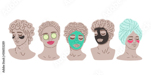 Set of five antique statues with a face mask and a green face mask. Mythical, ancient greek style. Hand drawn Vector.