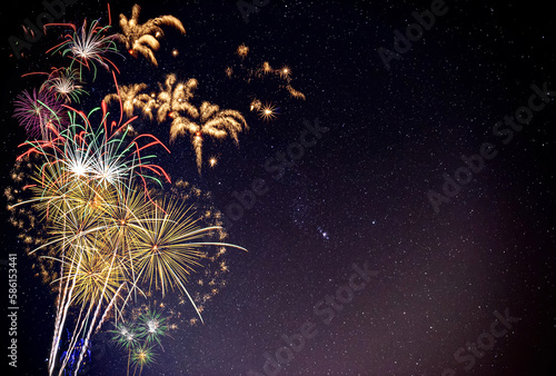 Fireworks display on milkyway sky background.