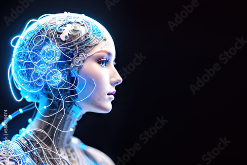 Illustration of head robot woman with electronic system isolated on black background. Generative AI