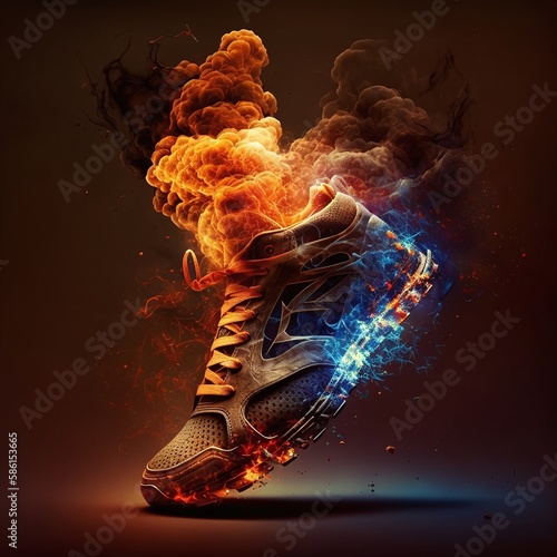 Fictional Fiery Flames and Icy Cool with a Detailed Representation of Fire and Ice Sneakers Generated by AI photo