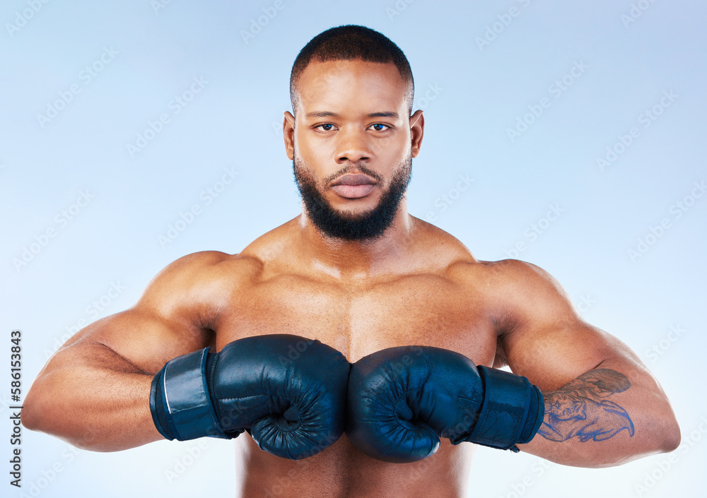 Gloves, boxing and portrait of a serious black man isolated on a blue background in studio. Ready, fitness and an African boxer looking focused for training, cardio challenge or a fight on a backdrop