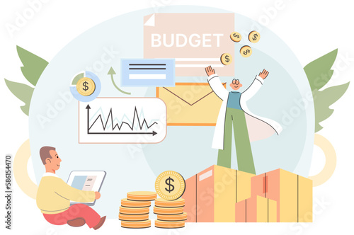 Manage finances concept. Men financial consultants analyze income and expenses of company or budget of business. Accountants count money and give advice, financial statistics, create invest strategy