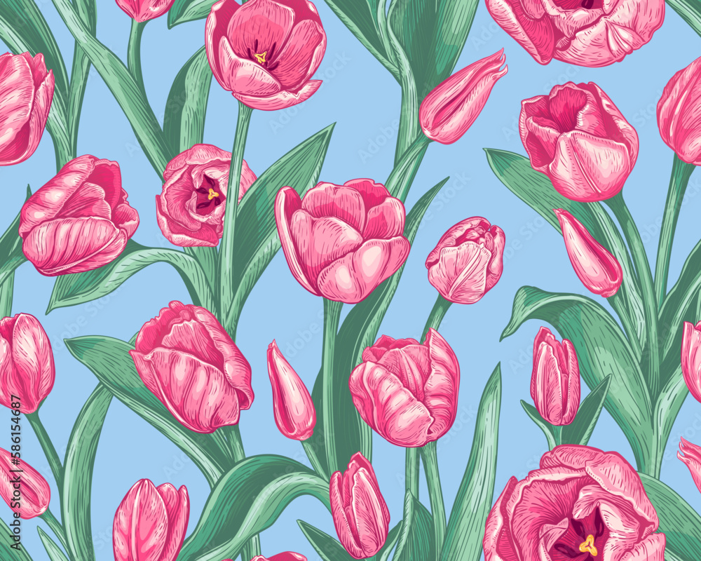Beautiful seamless pattern with hand drawn pink Tulip flowers on a blue background. Vector illustration of spring Tulips. Blooming rose flowers and green leaves. Floral elements for textile design