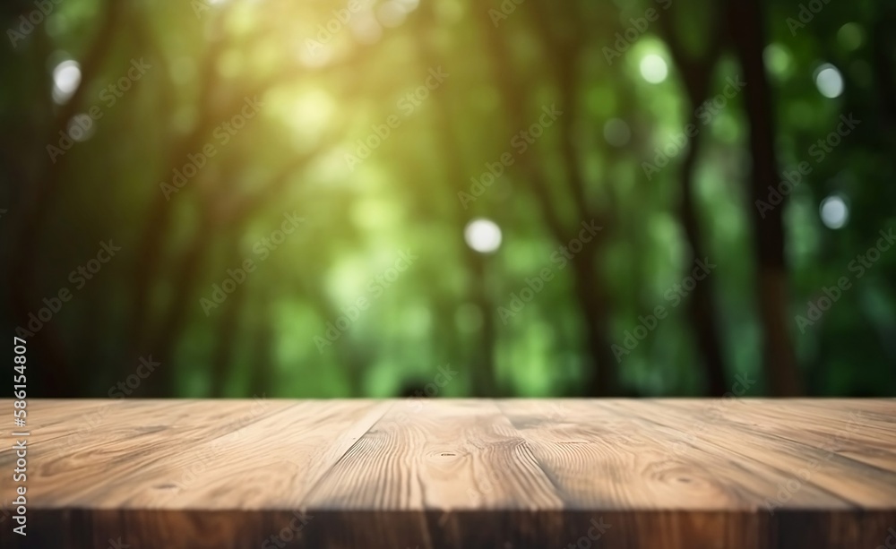 Garden Table. Wooden Background with Green Plants, Trees and Leaves in Bokeh Blur for Product Display Garden Table. Wooden Background with Green Plants, Trees and Leaves in Bokeh Blur for Product Display