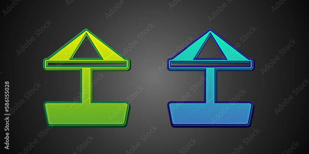 Green and blue Sandbox for kids with sand and umbrella icon isolated on black background. Vector Green and blue Sandbox for kids with sand and umbrella icon isolated on black background. Vector