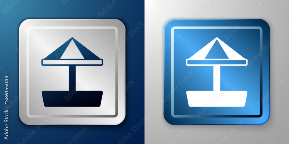 White Sandbox for kids with sand and umbrella icon isolated on blue and grey background. Silver and blue square button. Vector White Sandbox for kids with sand and umbrella icon isolated on blue and grey background. Silver and blue square button. Vector