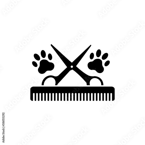 Dog grooming logo design template. Dog pawprint with comb and scissors. Vector clipart and drawing. Isolated illustration on white background.