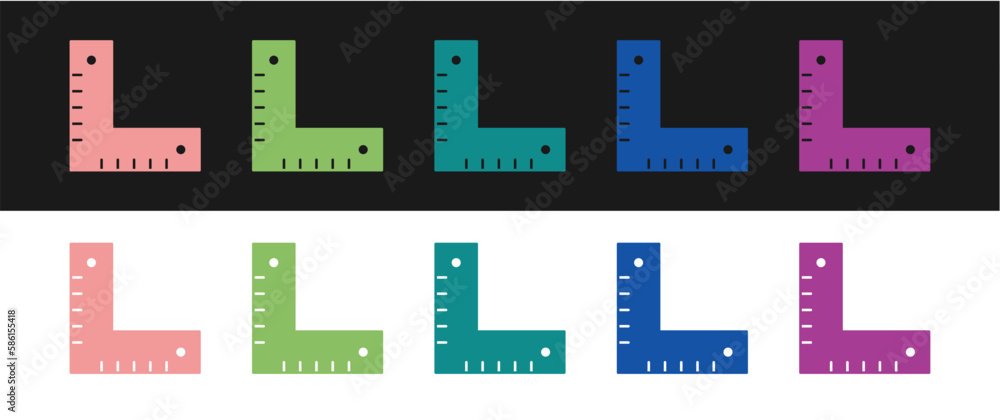 Set Corner ruler icon isolated on black and white background. Setsquare, angle ruler, carpentry, measuring utensil, scale. Vector Set Corner ruler icon isolated on black and white background. Setsquare, angle ruler, carpentry, measuring utensil, scale. Vector