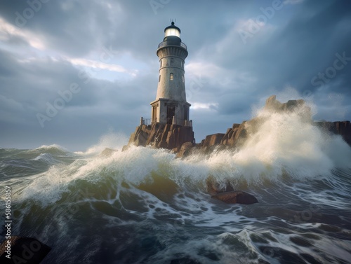 Light tower in stormy seas, created with generative AI