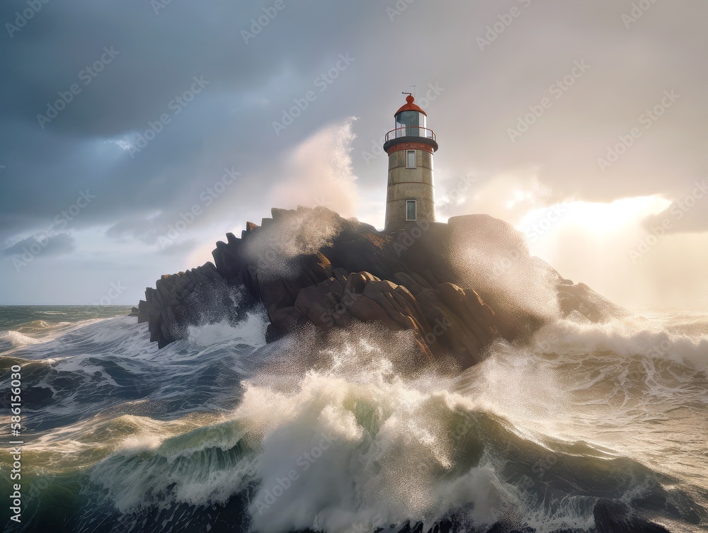 Light tower in stormy seas, created with generative AI