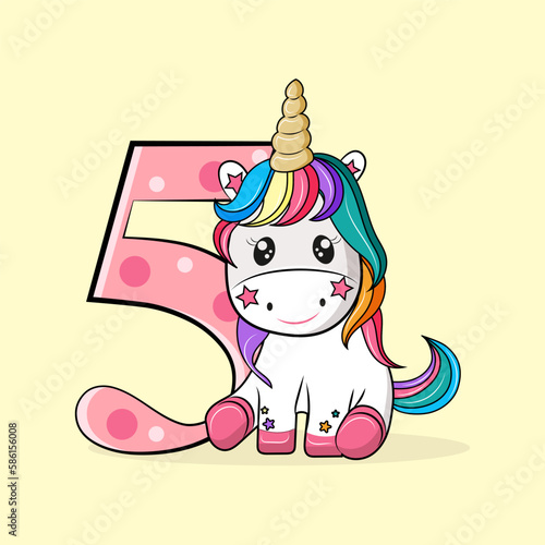 baby card with cute unicorn, invitation to the fifth birthday a unicorn with a colorful mane, 5th birthday party invitation with baby unicorn