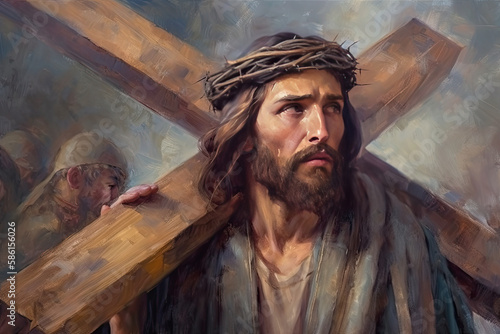 Painting of Jesus Christ carrying a heavy wooden cross to Calvary, Good Friday, Holy Easter, art painting, Happy easter. Christian symbol of faith, generative AI