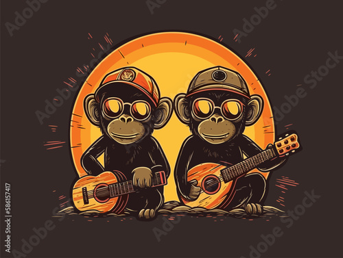 Vector flat illustration of Band of monkeys playing guitars