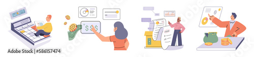 Set of people analyzing personal or corporate budget. Concept of finance accounting and calculation of financial income and expenses report. Financial consultant with document for tax computation