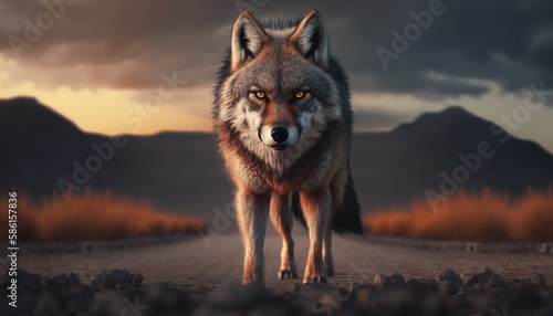 Lonely Wolf in a Dusty Landscape Generated by AI