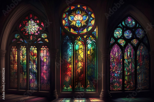 Stained glass window in church. Generative AI.