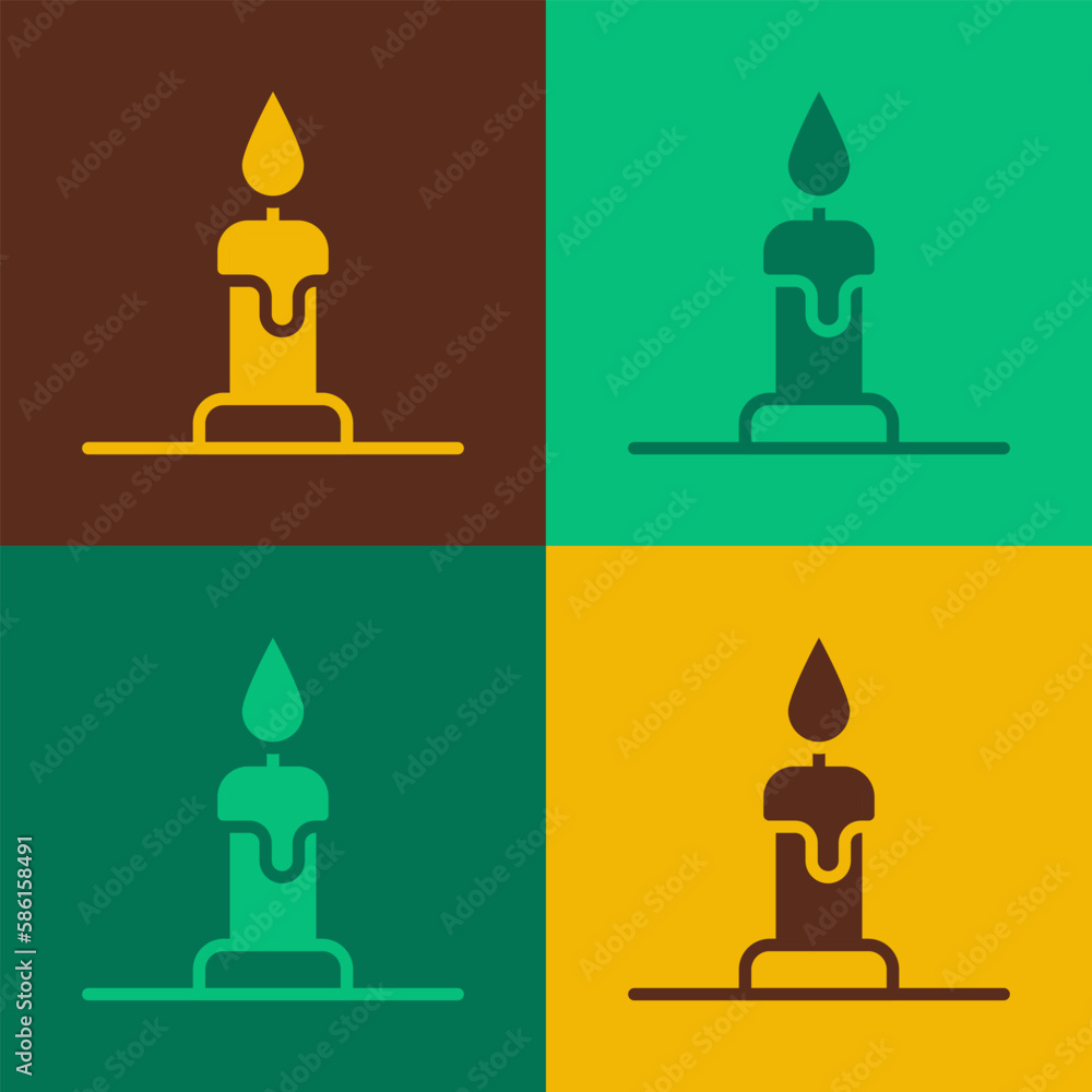 Pop art Burning candle in candlestick icon isolated on color background. Cylindrical candle stick with burning flame. Vector Pop art Burning candle in candlestick icon isolated on color background. Cylindrical candle stick with burning flame. Vector