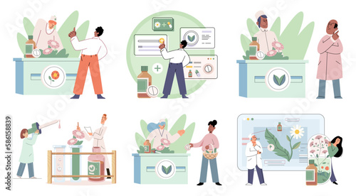 Natural herbal medication researches in laboratory. Traditional medicine concept. Scientist doctors characters make drugs of medical plants, herbal ingredients, extracts, preparing homeopathic recipes