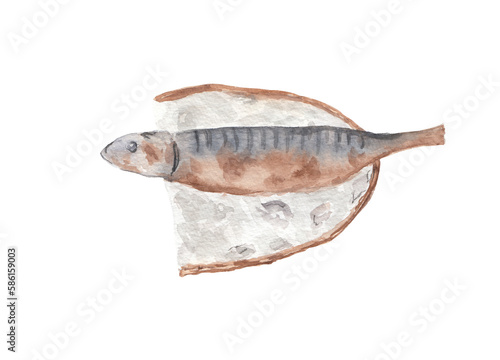 Fish on bread Watercolor food illustration Png clipart. Hand painted cooking clipart for menu, home decor, greeting card, scrapbooking, recipe book. 