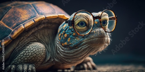 Turtle with glasses. Very old turtle with bad eyesight wearing glasses. Generative AI