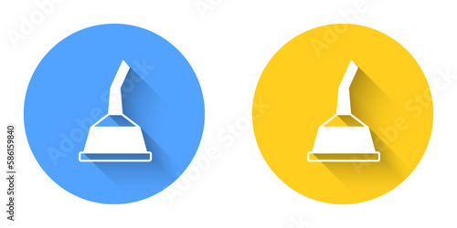 White Canister for motor machine oil icon isolated with long shadow background. Oil gallon. Oil change service and repair. Circle button. Vector