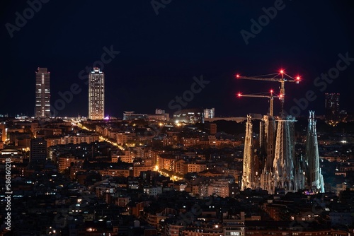 Photography Night panoramic view of the city of Barcelona and the Sagrada Familia illuminated