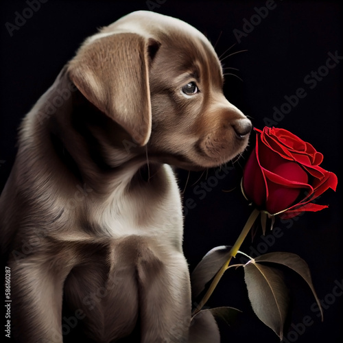 A loving puppy sniffs and looks at a red rose flower, on a dark background. Generative AI photo