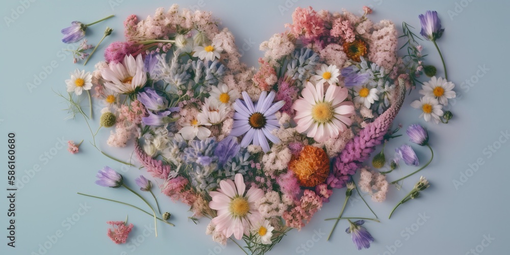 Beautiful fresh wild flowers in the shape of a heart on a pastel background. Heart illustration with blooming flowers and leaves. Romantic symbol for Valentines Day and Mother's Day. Generative AI