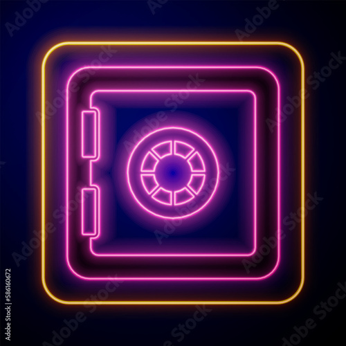 Glowing neon Safe icon isolated on black background. The door safe a bank vault with a combination lock. Reliable Data Protection. Vector