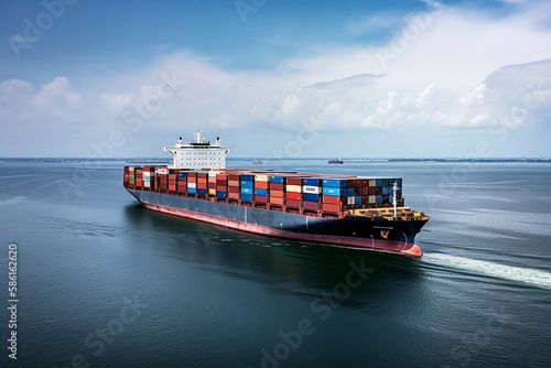Commercial Shipping Container. Blue Ocean Background for Cargo Transportation, Import, and Export