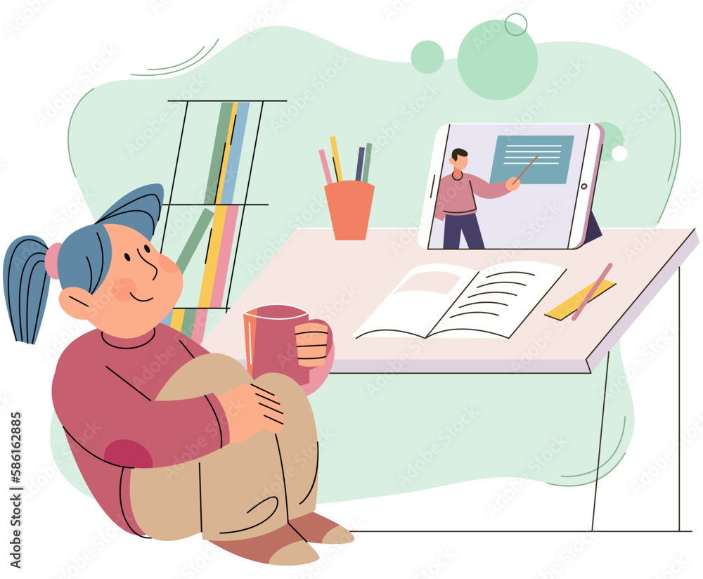 Obraz premium Online lessons, distance education. Video course, conference, web seminar, internet class. Student receives knowledge remotely, studies at home, girl watching lessons on tablet pc, mobile school