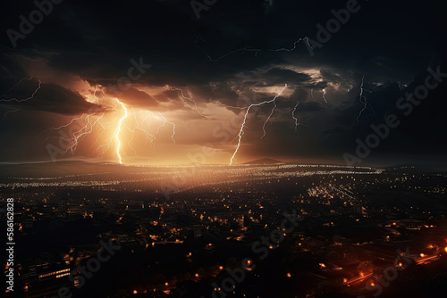 Generative AI illustration. The scene of lightning strike and thunder in the night sky in the urban landscape.