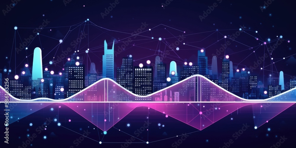 Flat illustration of smart city and abstract dot point connect with gradient line, big data connection technology concept, created with Generative AI

