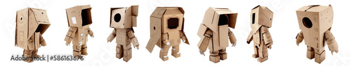 Generative AI image set of self made various cardboard spacesuits placed in row isolated on white background