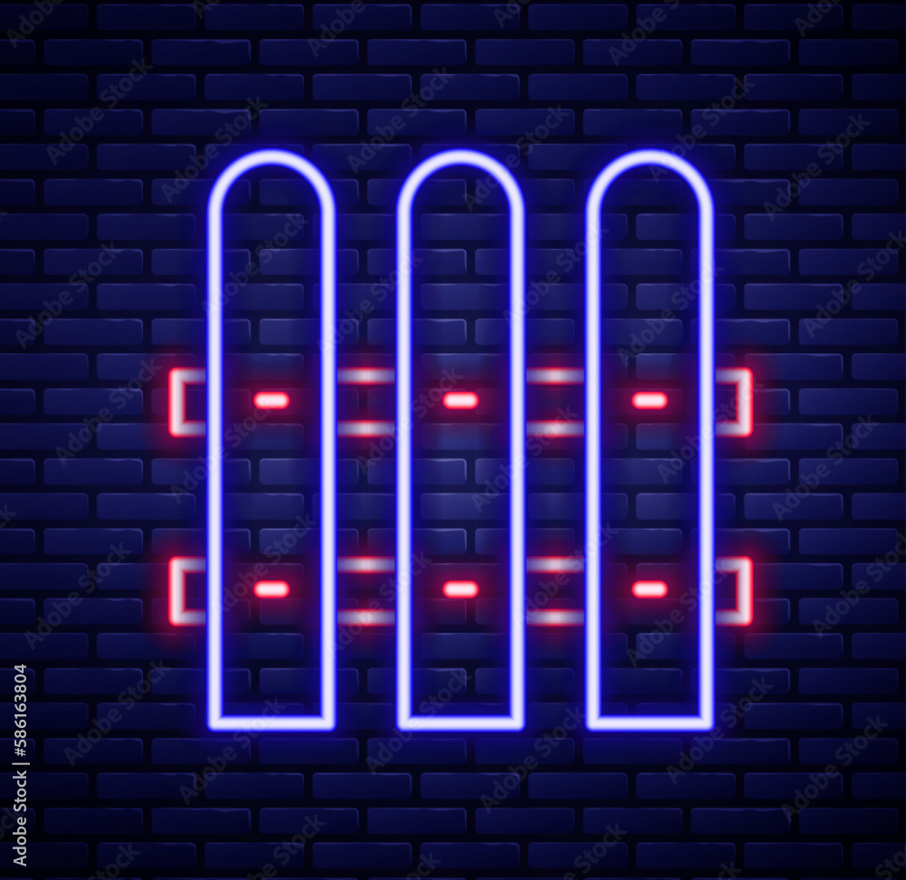 Glowing neon line Garden fence wooden icon isolated on brick wall background. Colorful outline concept. Vector Glowing neon line Garden fence wooden icon isolated on brick wall background. Colorful outline concept. Vector