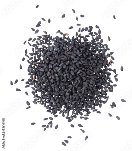 Black cumin seeds isolated on white background. Heap of black nigella seeds. Nigella sativa. Top view.