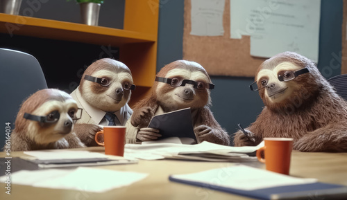 Business team of sloths analyzing financial data in the office. Generative AI