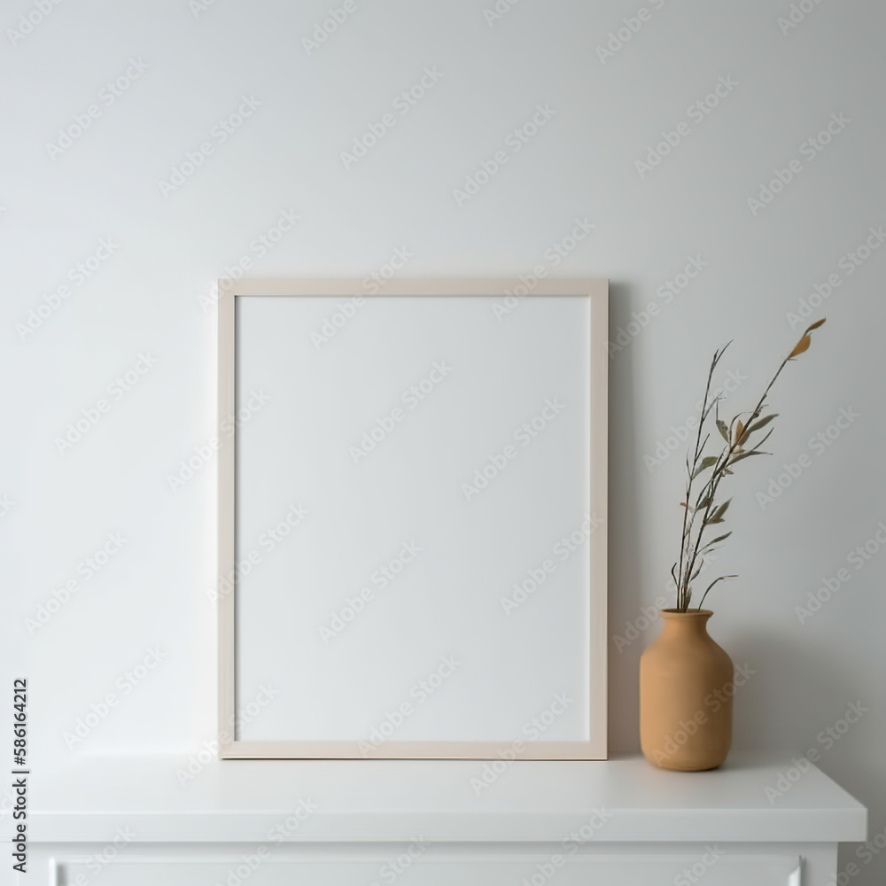 Vertical wooden frame and white portrait frame mock up on the vintage white wall. 3D illustrations, decoration, generative AI. Vertical wooden frame and white portrait frame mock up on the vintage white wall. 3D illustrations, decoration, generative AI.