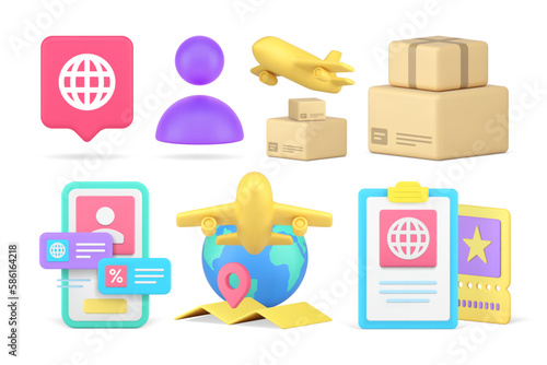 International postal delivery online shopping order airplane transportation set 3d icon vector