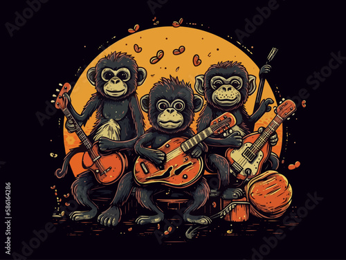 Vector flat illustration of Band of monkeys playing music instruments