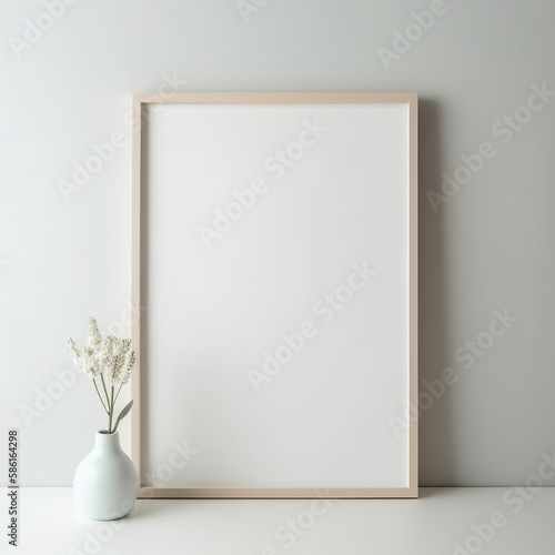 Vertical wooden frame and white portrait frame mock up on the vintage white wall. 3D illustrations, decoration, generative AI.