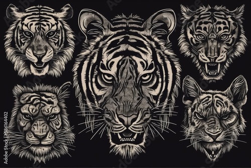 Illustration of multiple tiger heads against a black background created with Generative AI technology
